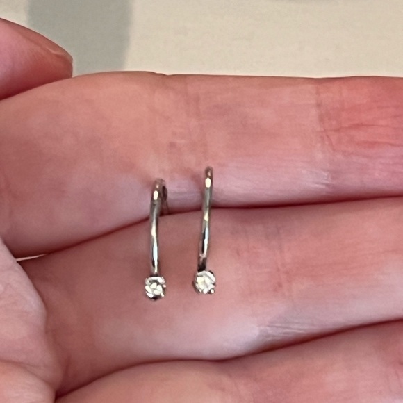 Dainty Silver Huggie Drop Hoop Earrings - Picture 4 of 6